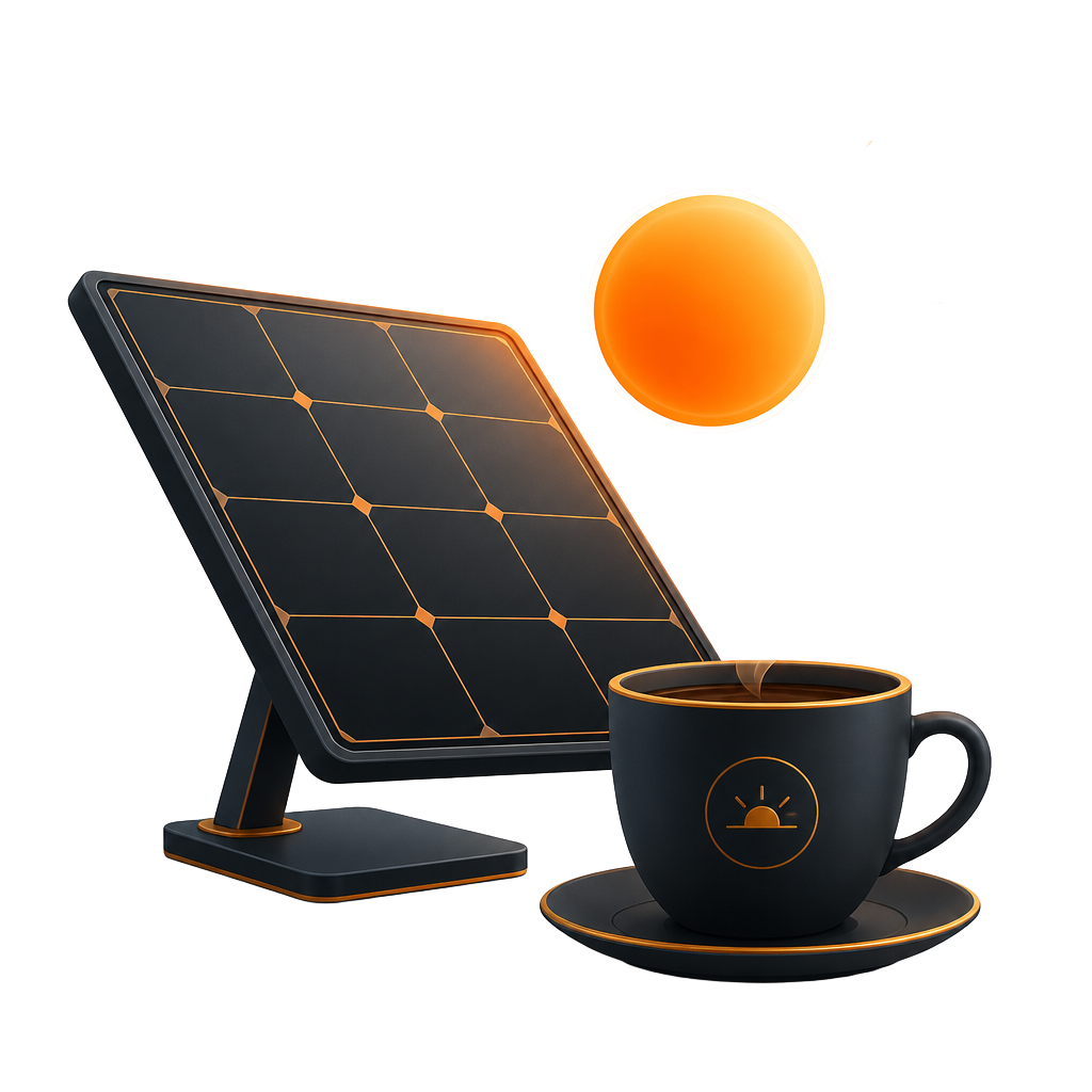 Painel solar, sol e xícara de café representando as ferramentas Café com Sol